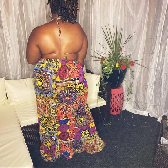 Multicolor pattern mesh bikini ruffled maxi dress plus size - Picture 2 of 3